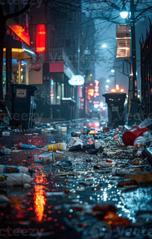 AI generated Garbage and trash on the street in the city at night photo