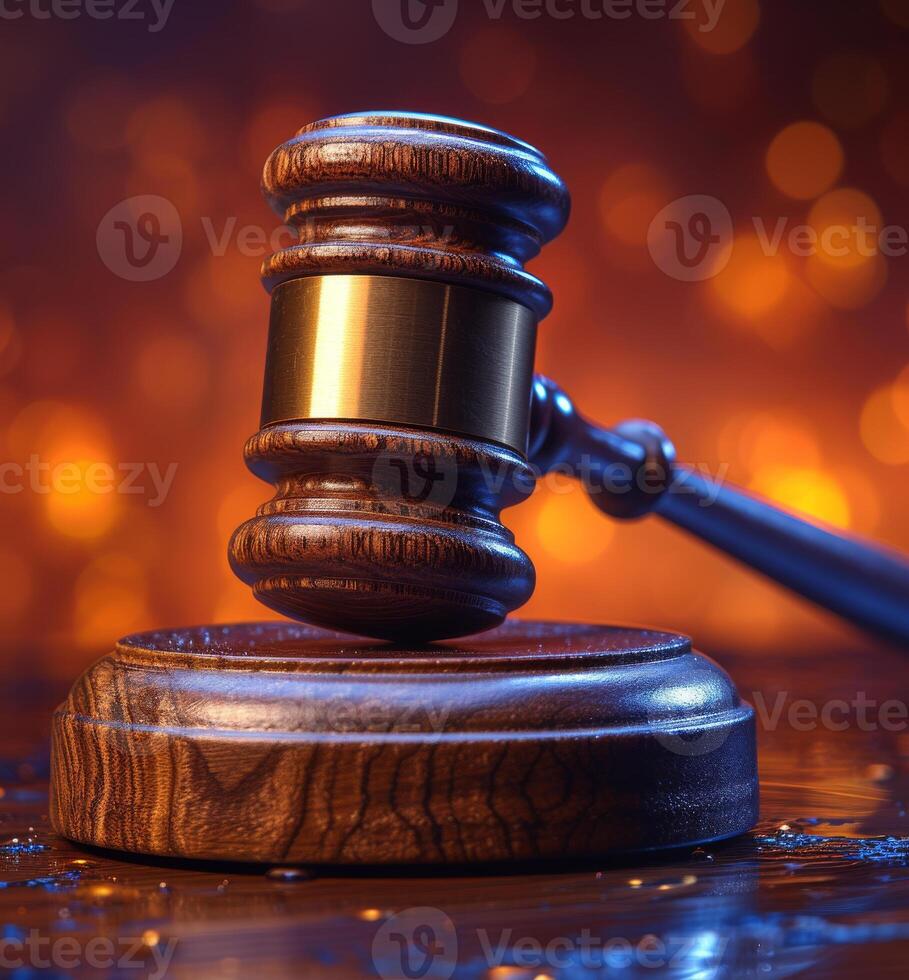 AI generated Law theme mallet of the judge on wooden background photo