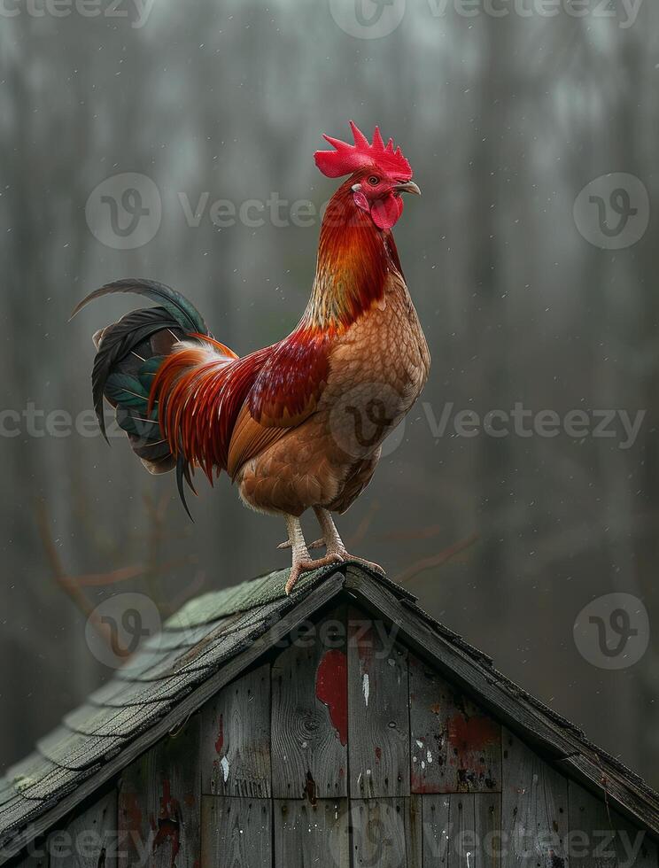 AI generated Rooster sitting on roof in the rain photo