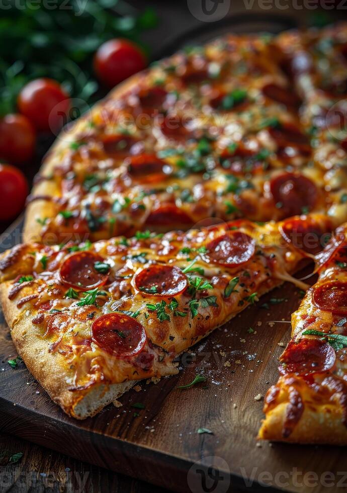 AI generated Delicious homemade pepperoni pizza with cheese and herbs photo