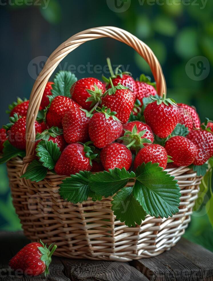 ai generado Fresco fresas en cesta en oscuro antecedentes foto