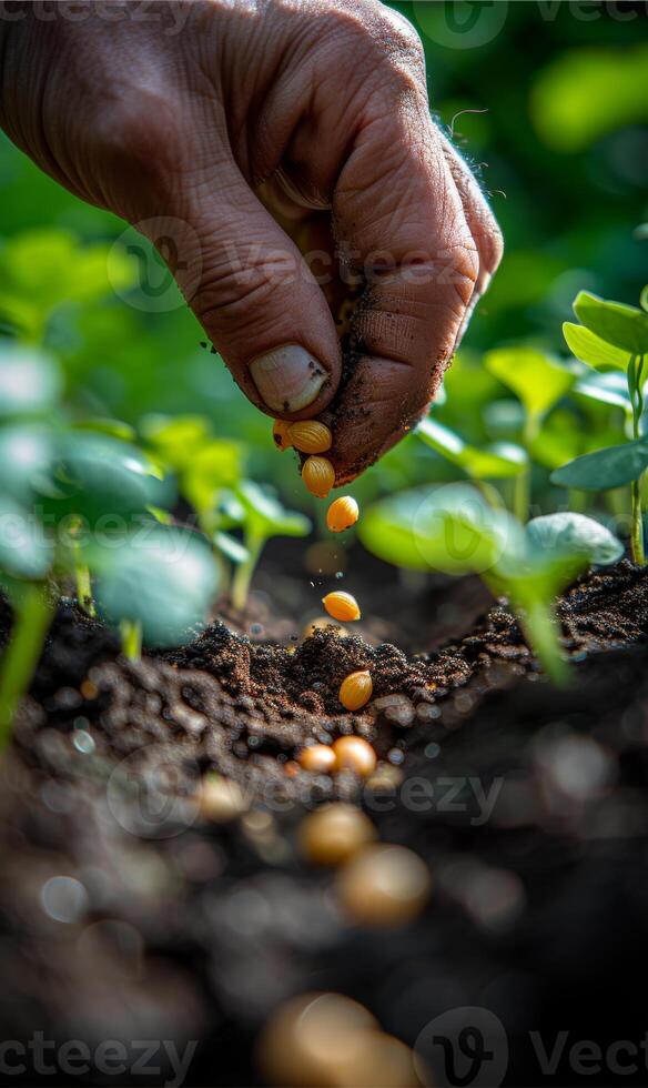 AI generated Hand planting soybean seeds in the soil photo