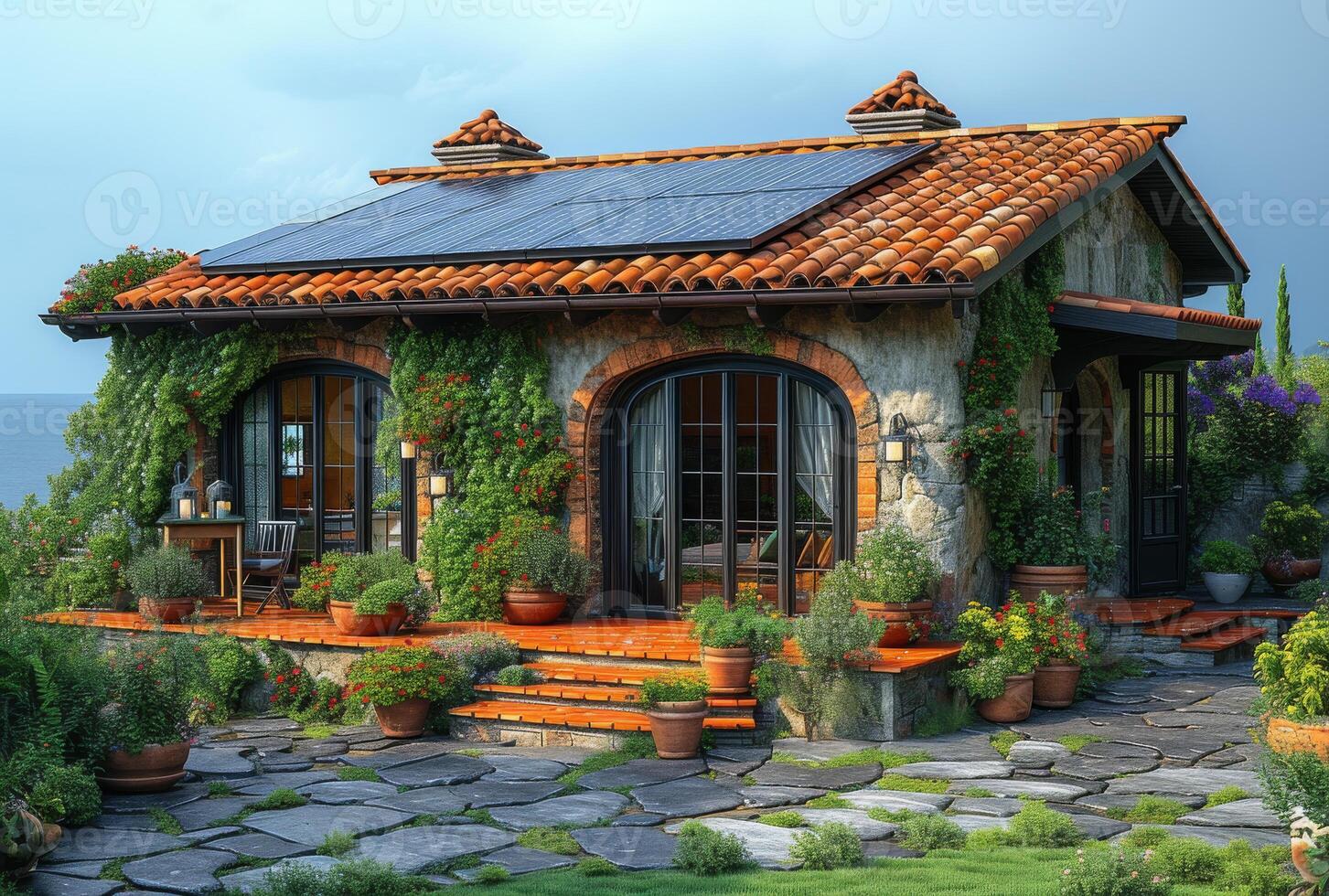 AI generated Solar panels on the roof of the house photo