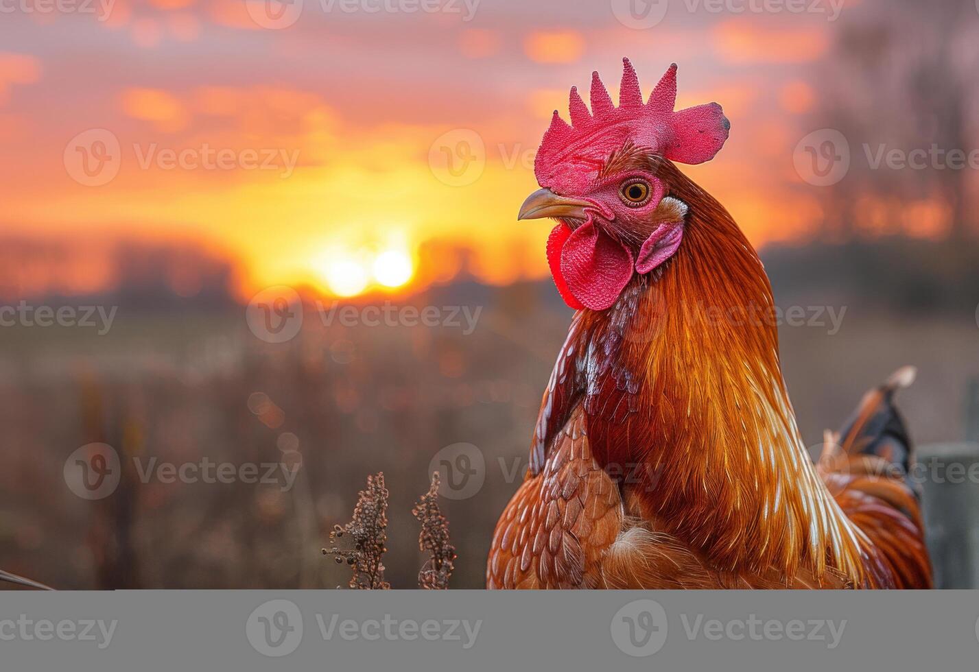 AI generated Rooster sitting on fence at sunset photo