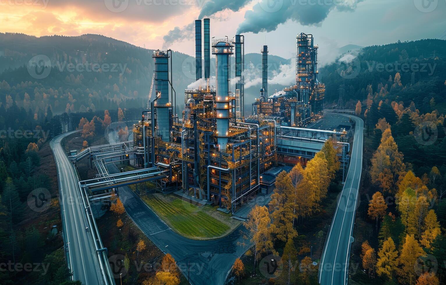 AI generated Oil refinery in the forest. A large factory located in the nature landscape photo