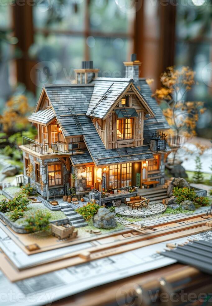 AI generated Miniature house on the table with blueprints and architectural plans photo