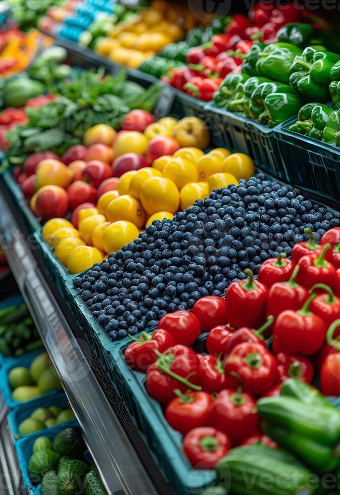 ai generado Fresco frutas y vegetales a mercado foto