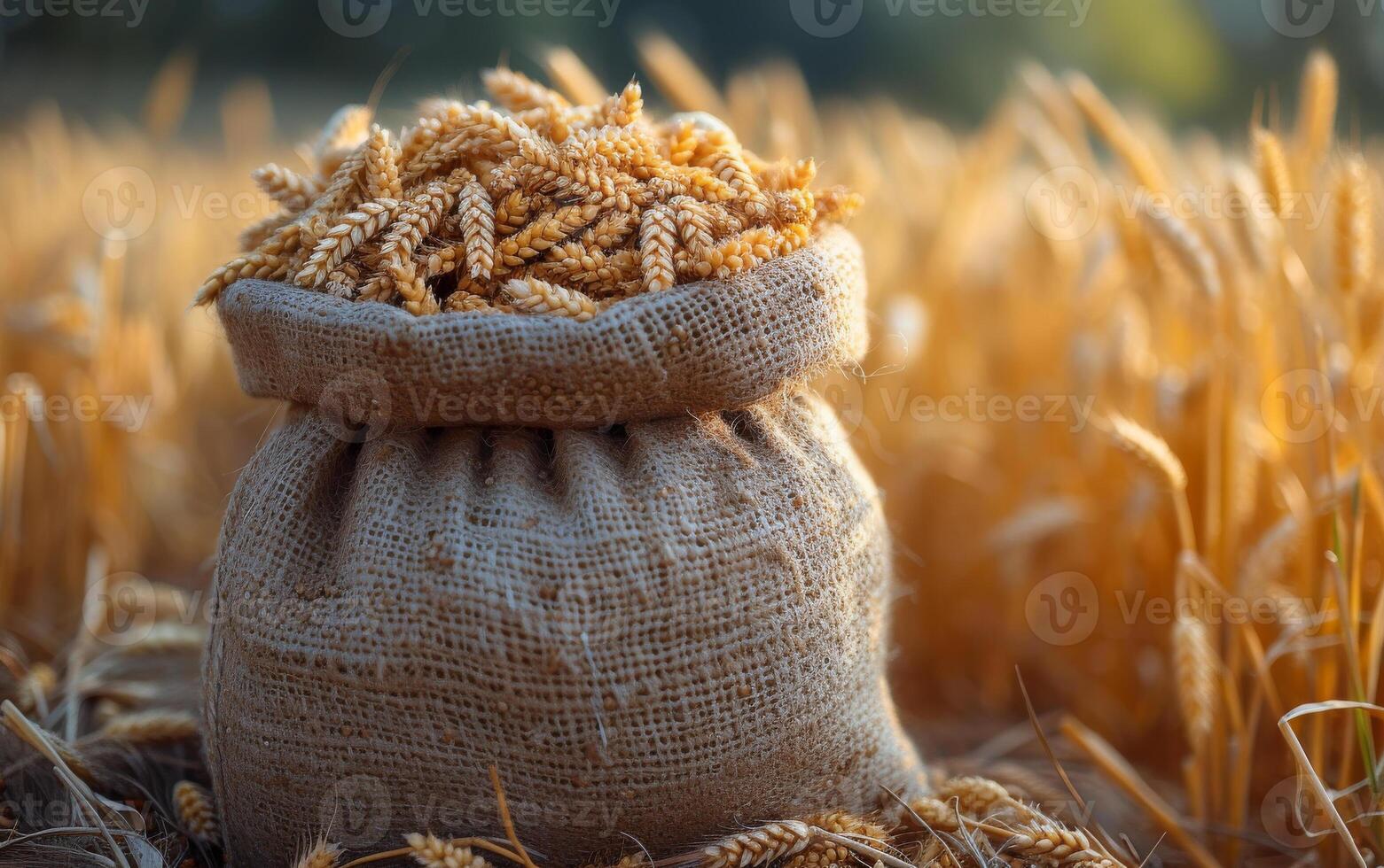 AI generated Wheat grain in bag. An empty sack with wheat in it photo