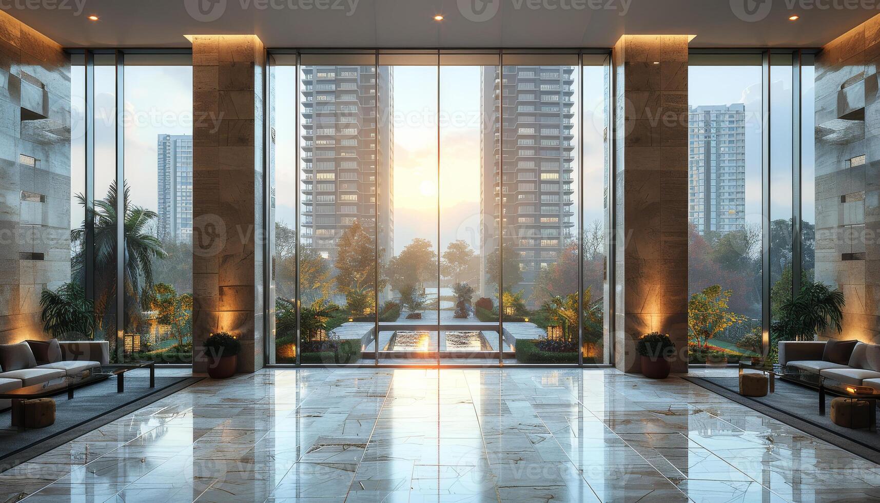 AI generated Modern hotel lobby with marble floor and panoramic windows overlooking the city photo