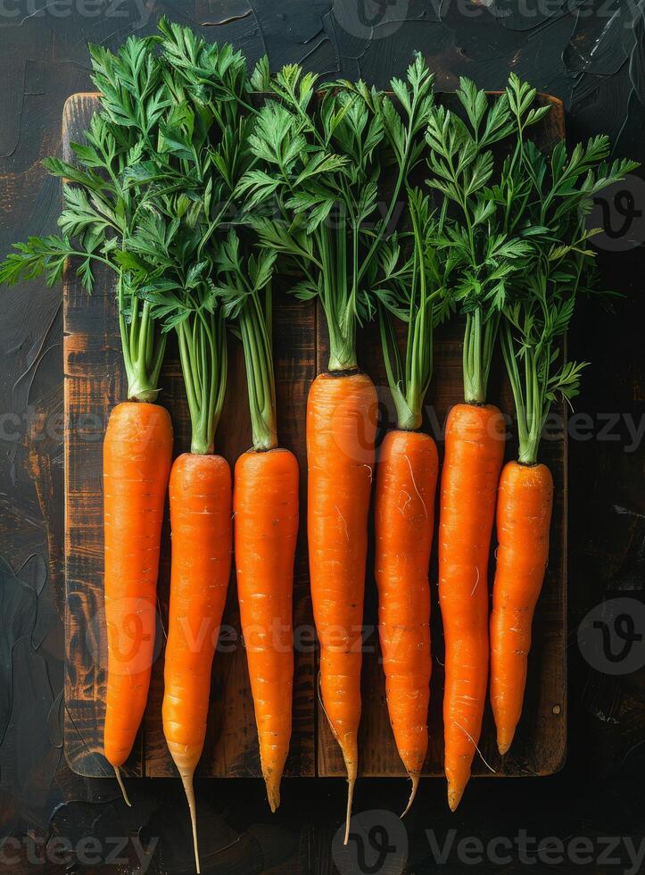 AI generated Fresh raw carrots on wooden cutting board photo