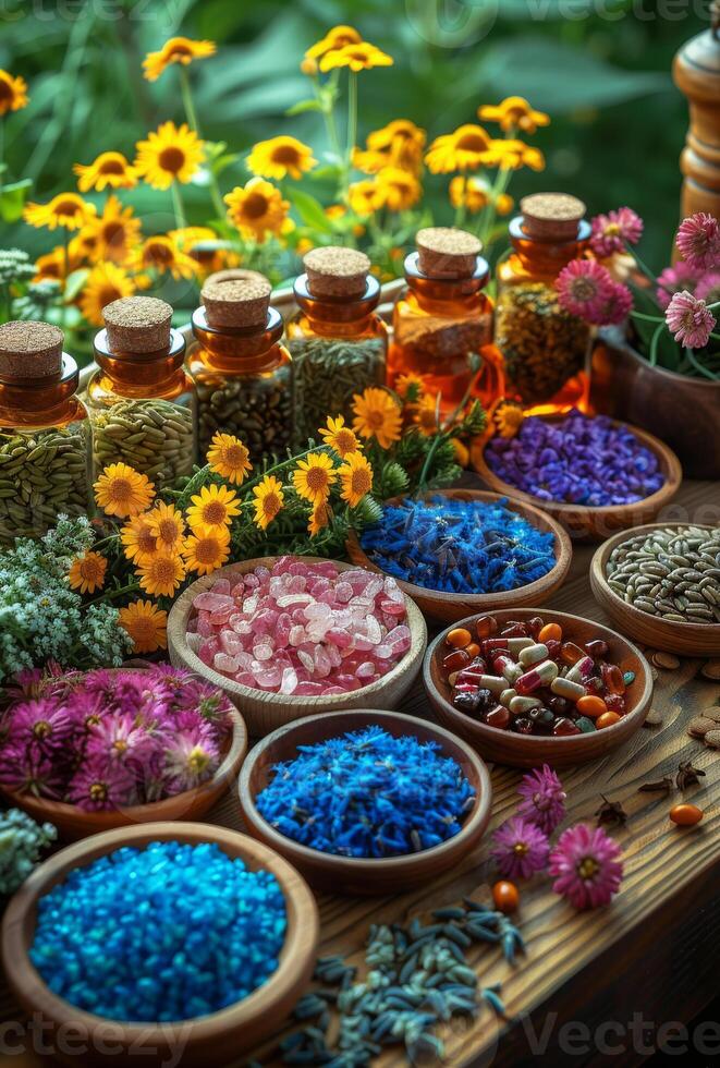 ai generado el natural medicina hierbas medicamentos y flores foto