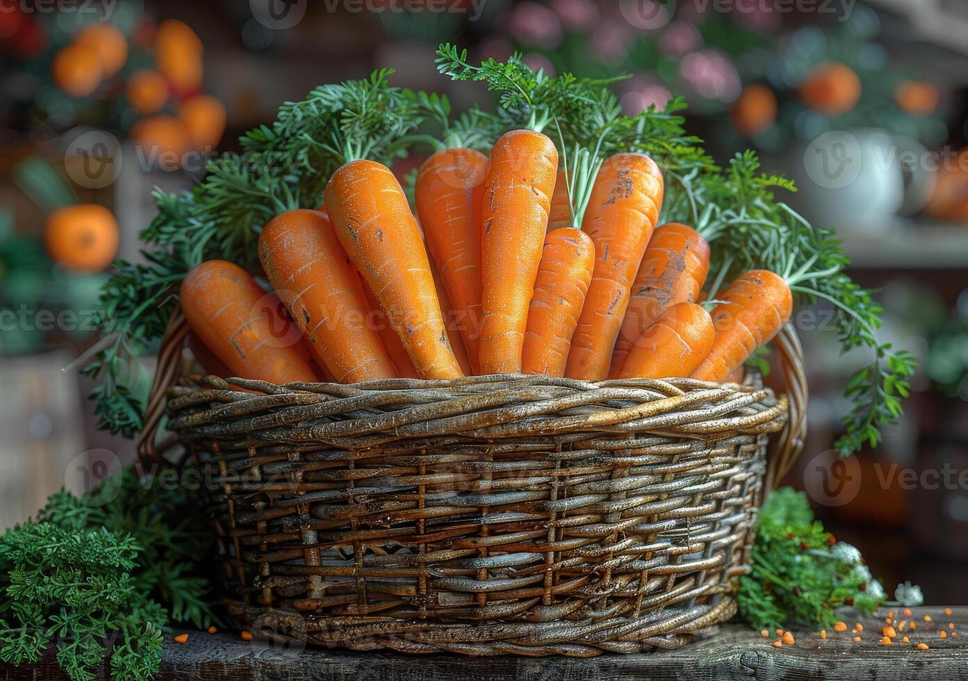 AI generated Fresh carrots in basket. A basket with carrots sitting on a wooden surface photo