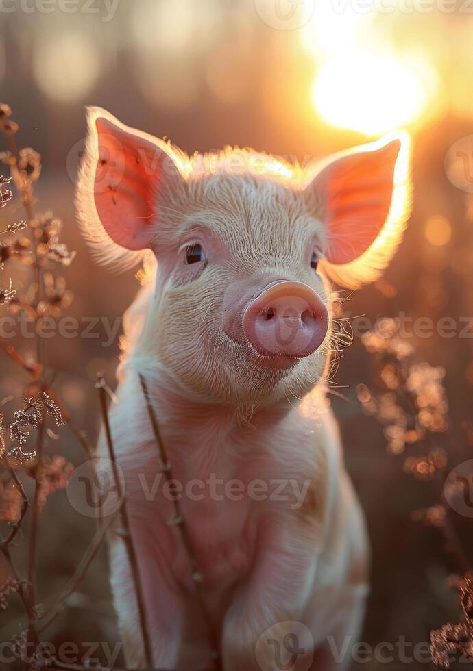 AI generated Young pig or baby piglet on meadow at sunset photo