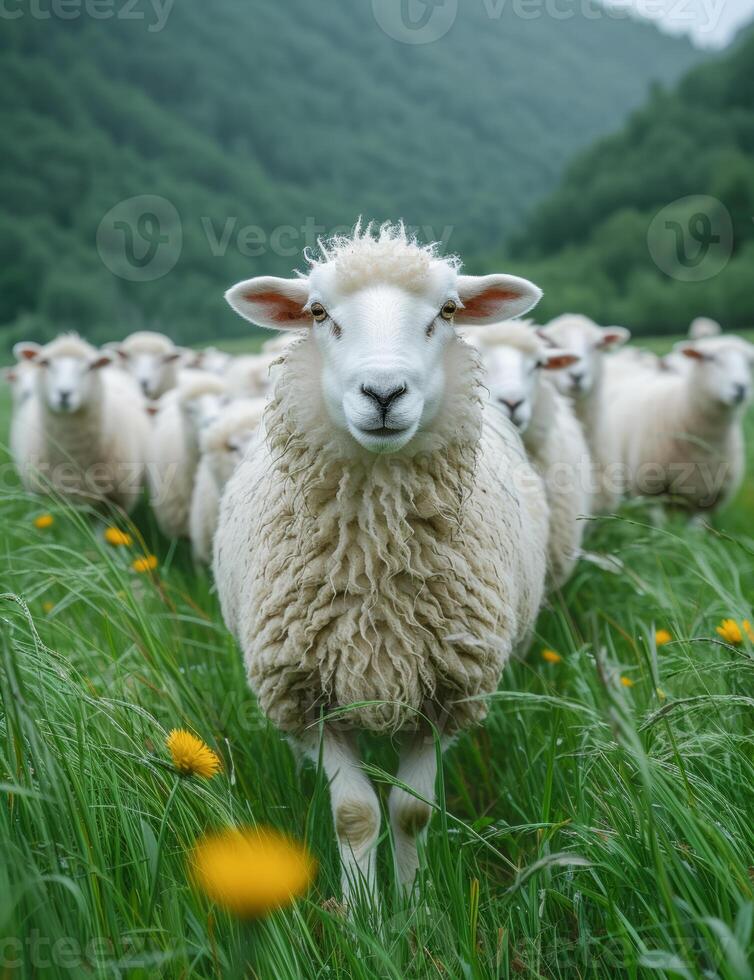 AI generated Sheep running in meadow close up photo