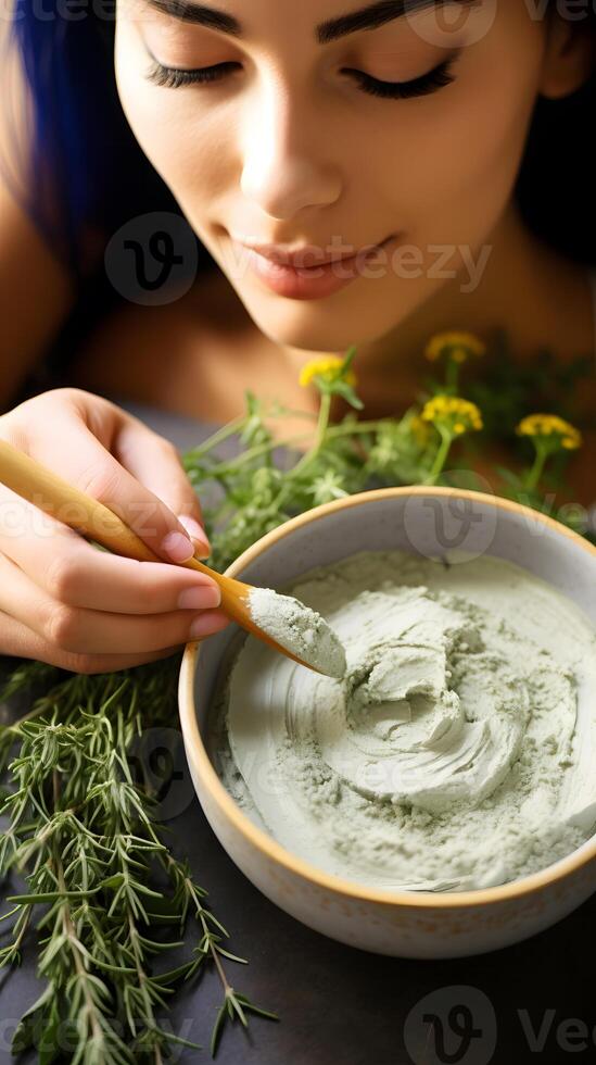 AI generated A close-up shot of a person making their own natural face mask is DIY skincare photo