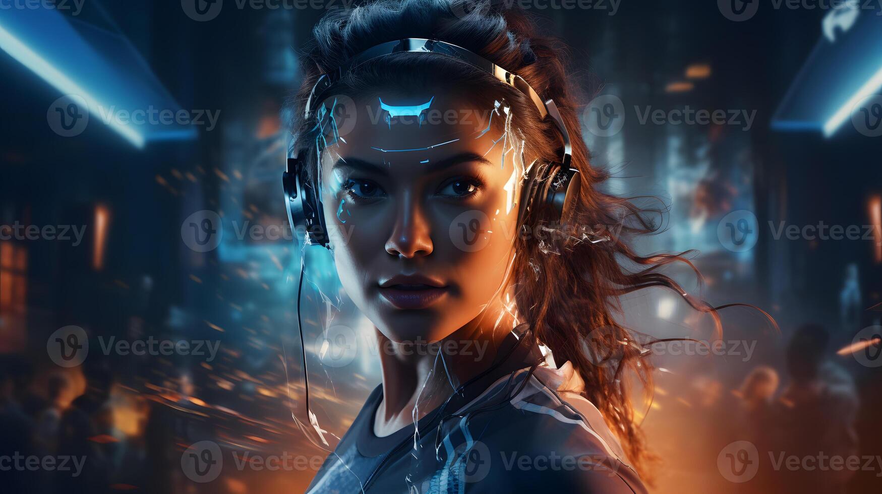 AI generated a beautiful woman engaged in a virtual workout with the fusion of technology and fitness photo