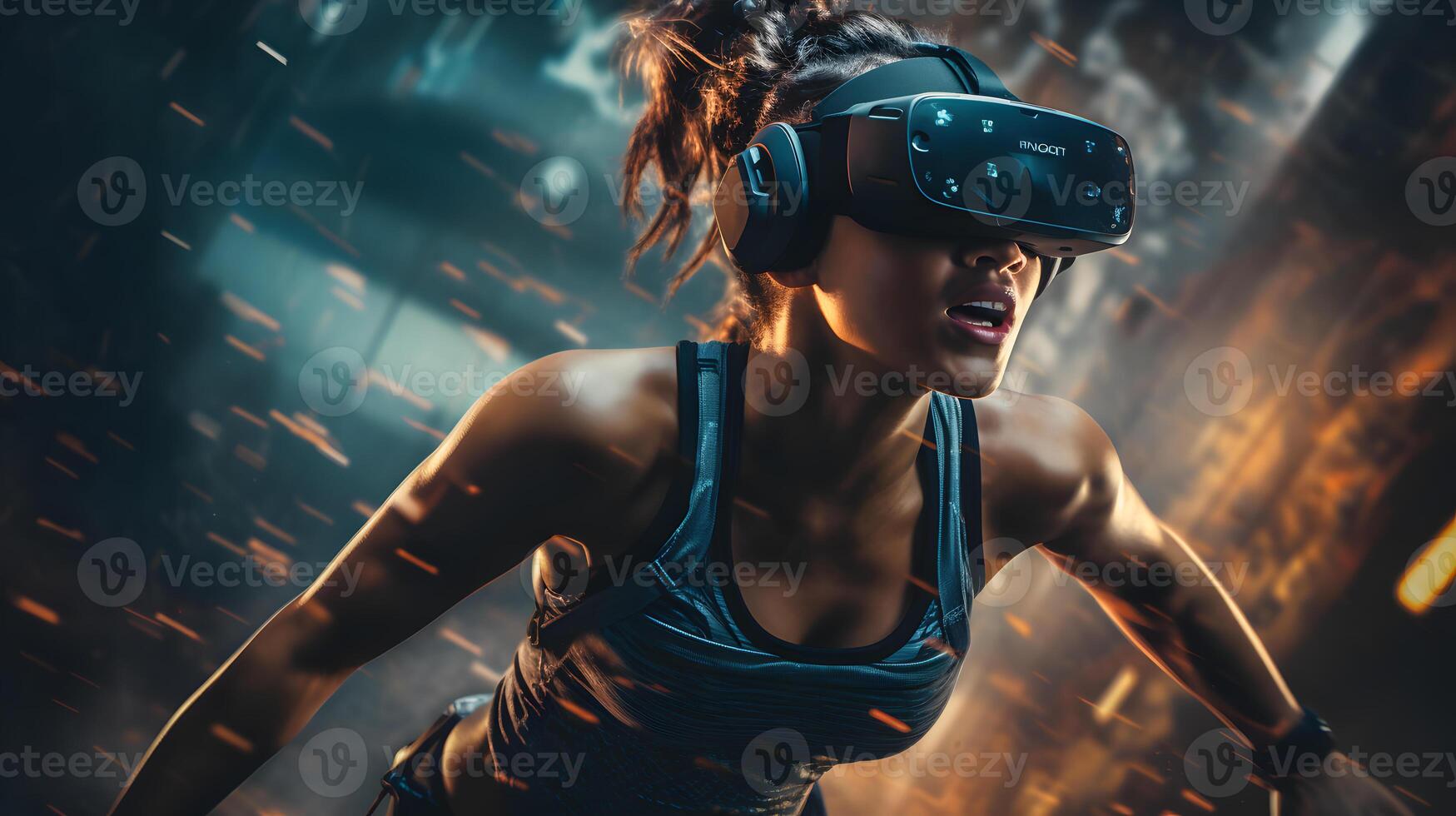 AI generated a beautiful woman engaged in a virtual workout with the fusion of technology and fitness photo