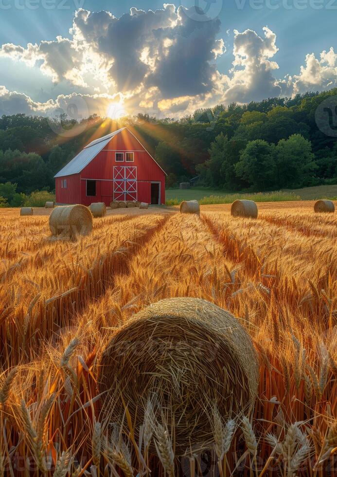 AI generated Red barn and hay bales sit in field at sunset photo