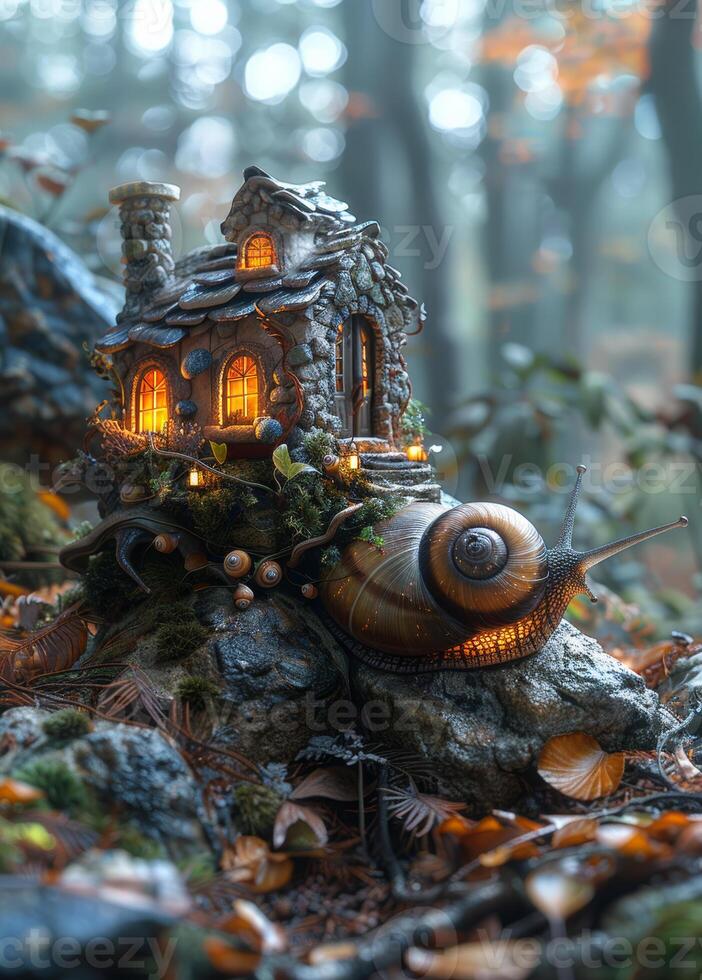 AI generated Snail and house in the forest photo