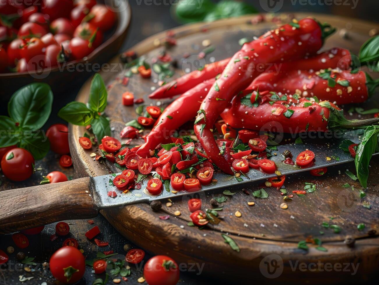 AI generated Freshly chopped red chilli peppers and basil on wooden chopping board photo