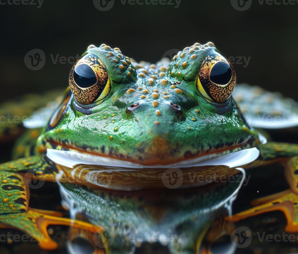 AI generated Green frog is reflected in the water photo