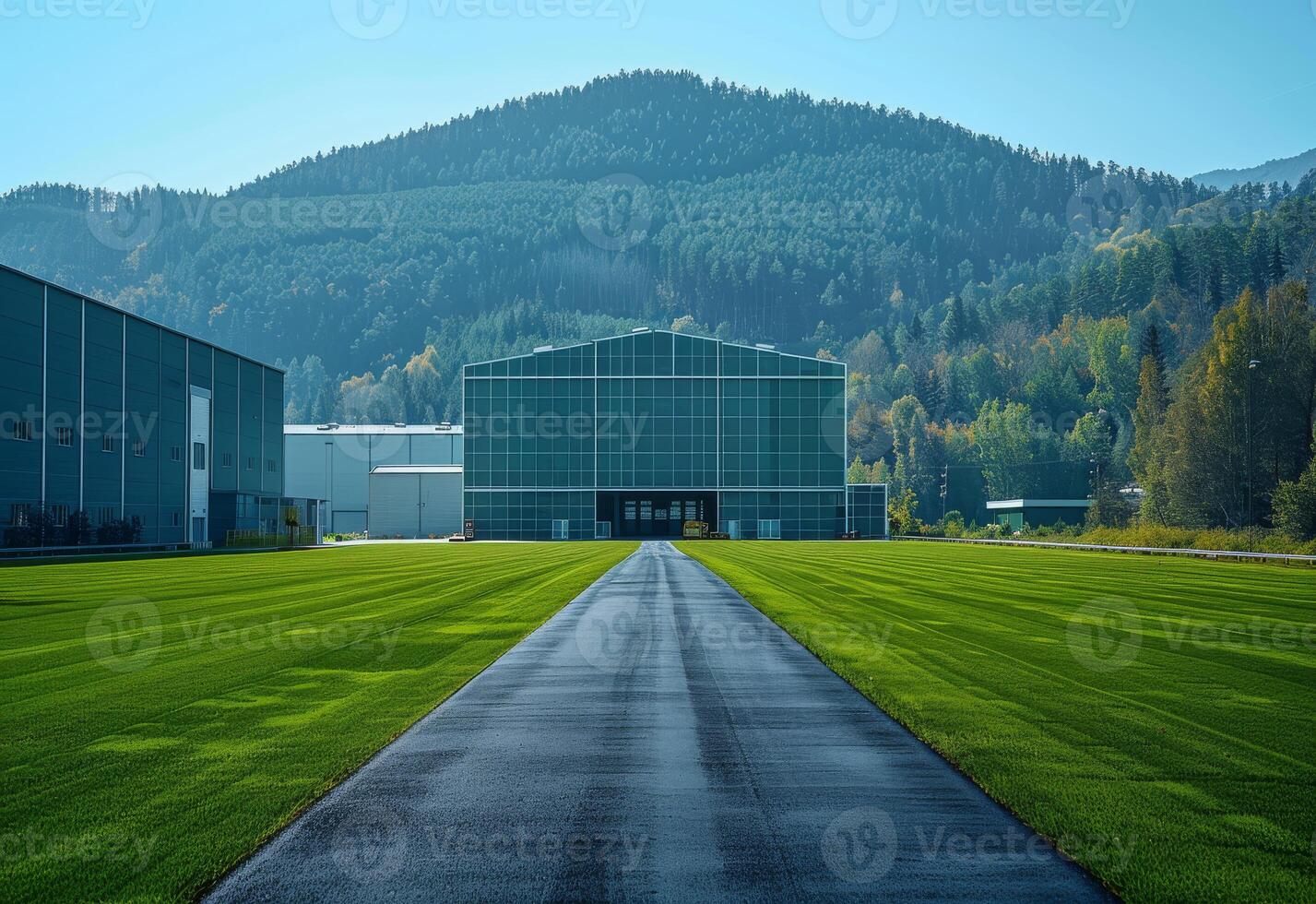 AI generated Large hangar and road leading to it photo