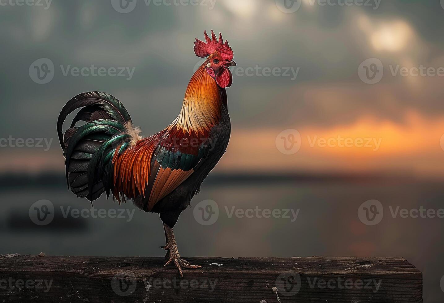 ai generado gallo en pie en de madera cerca a puesta de sol foto