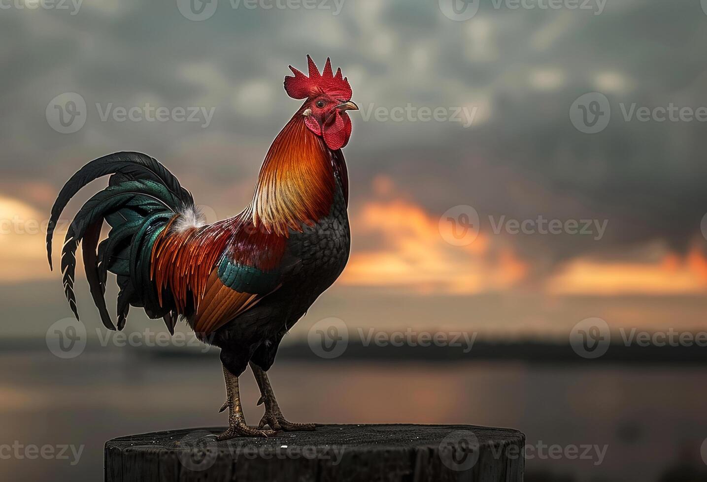 AI generated Rooster standing on stump with sunset in the background photo