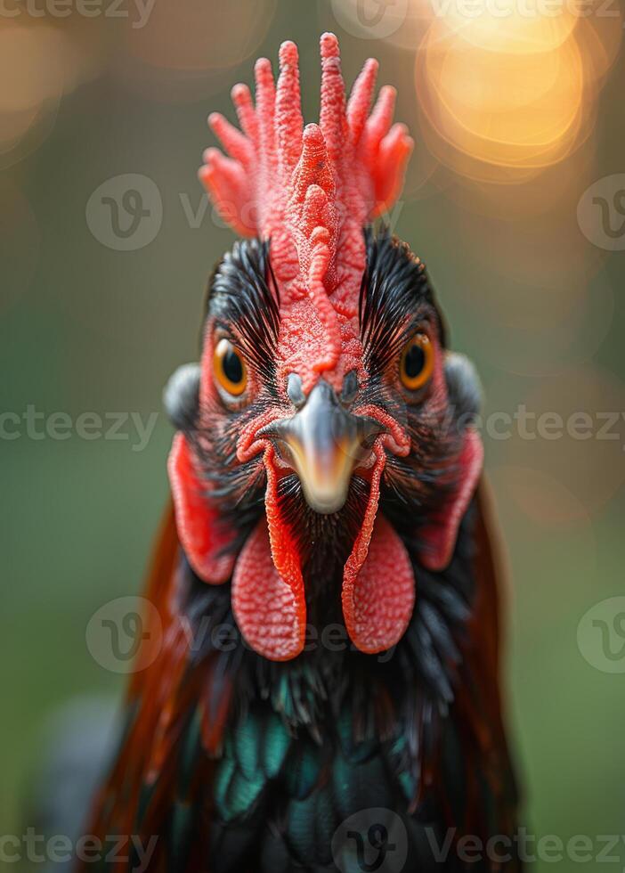 AI generated Portrait of rooster with red comb and yellow beak photo