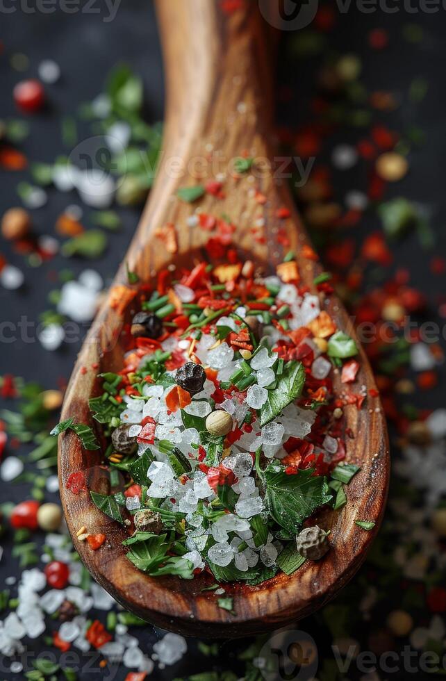 AI generated Wooden spoon with mixture of spices and herbs photo