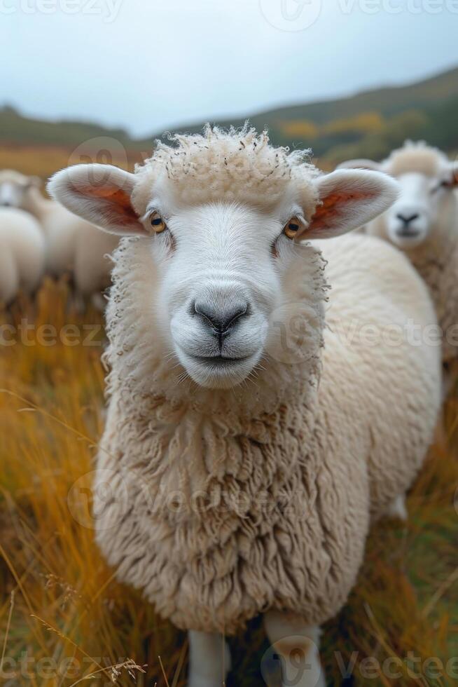 AI generated Sheep looking at the camera in field photo