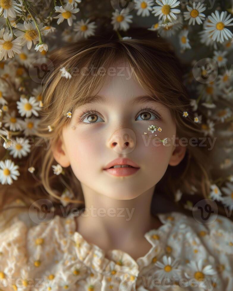 AI generated Beautiful little girl with daisy flowers on the meadow. photo