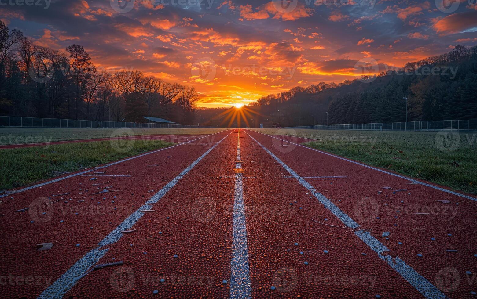 AI generated Track and field at sunset. A sunset on a track at football stadium photo