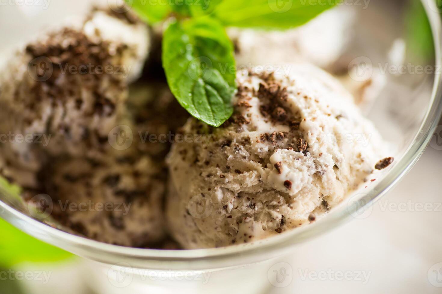 homemade ice cream with pieces of grated dark chocolate photo