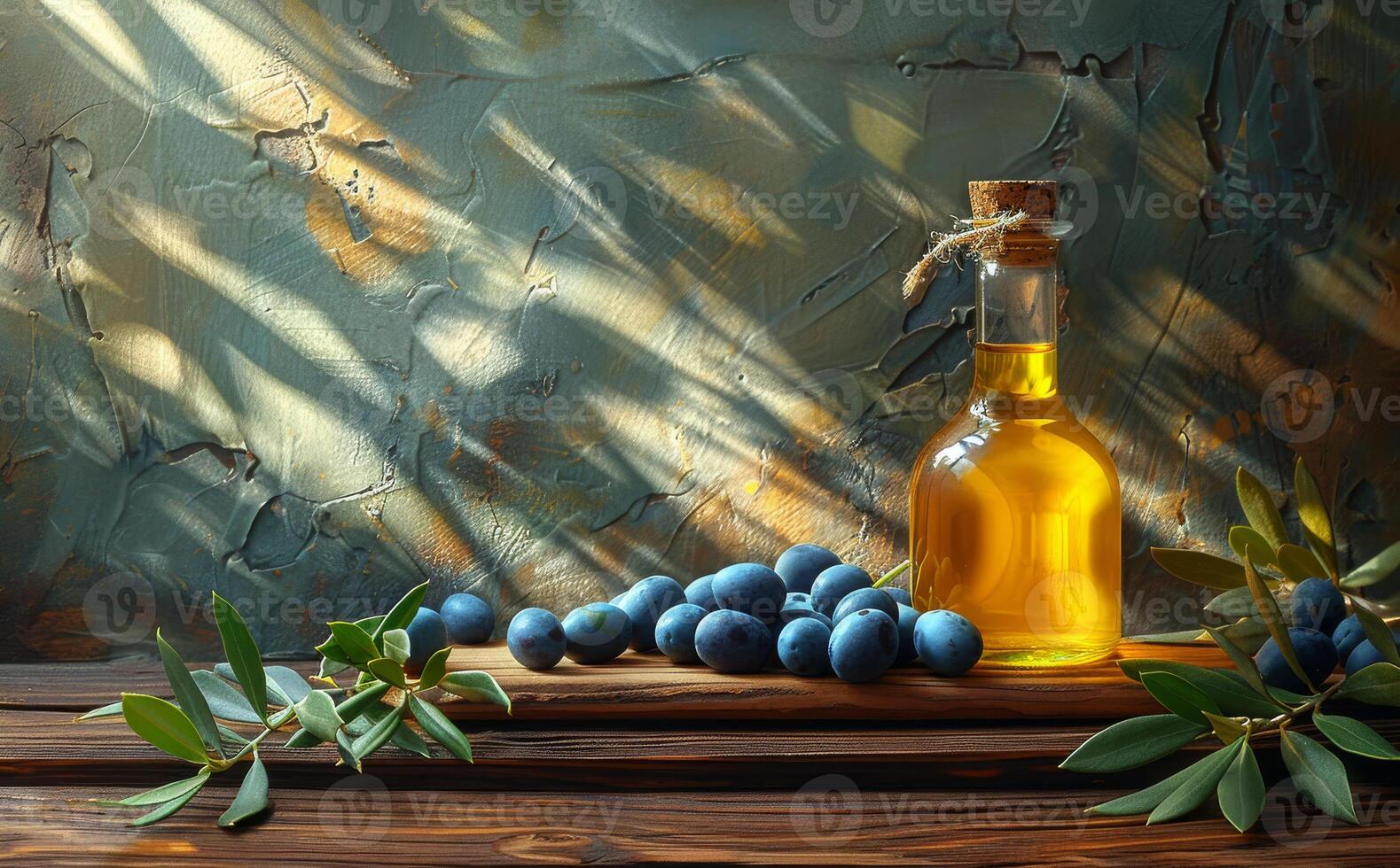 AI generated Olive oil and olives on wooden table photo