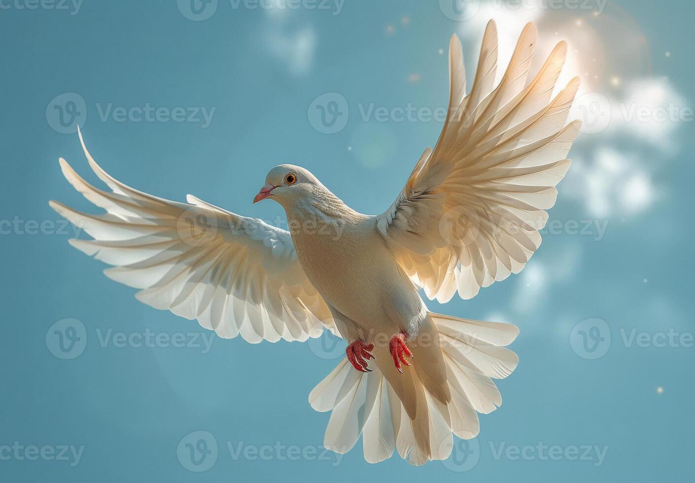 AI generated Dove in the air with wings wide open in-front of the sun photo