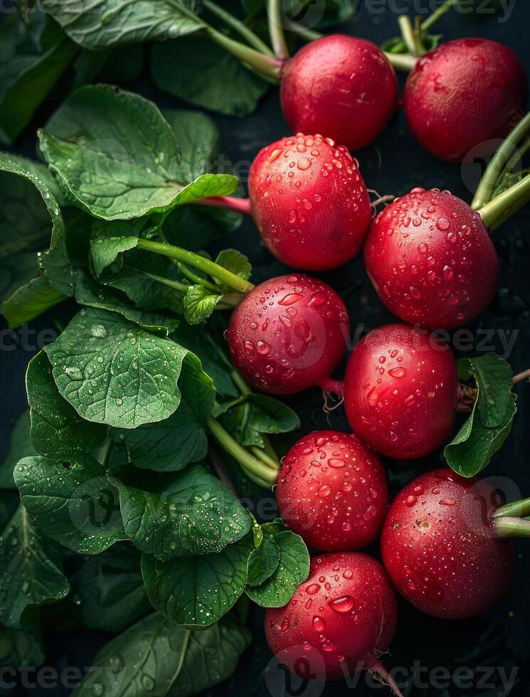 AI generated Radishes and spinach on black background photo