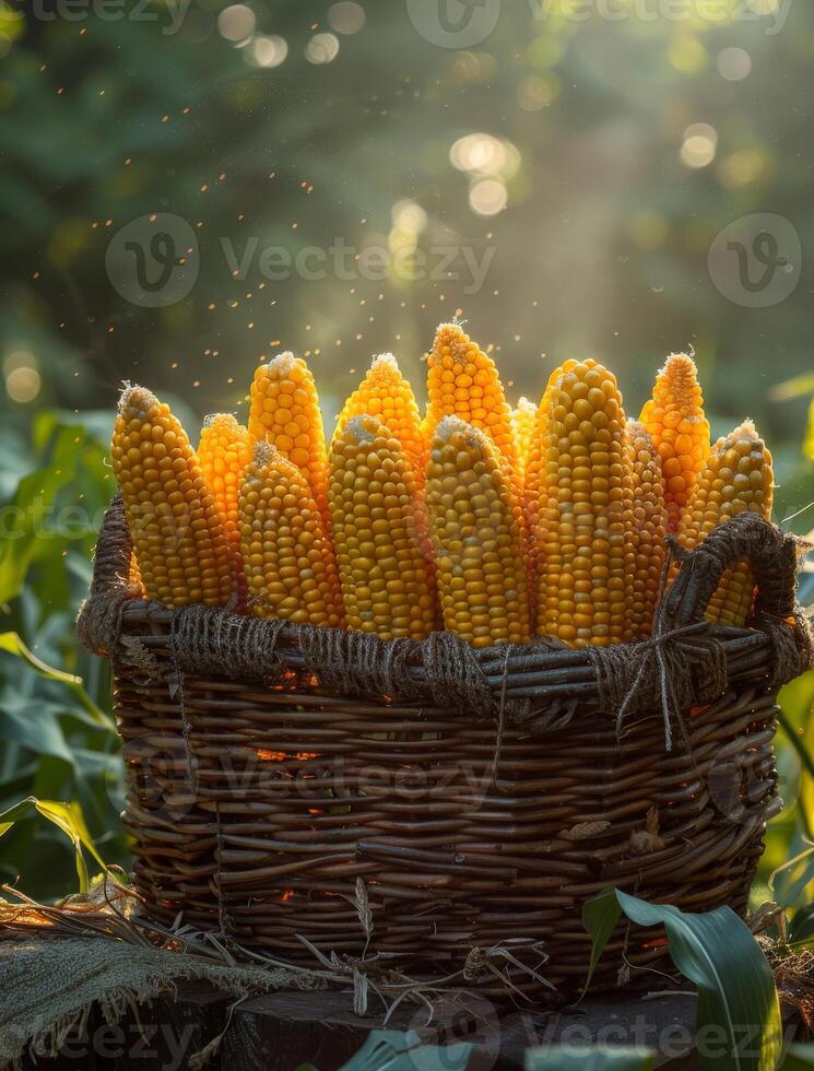 AI generated Corn cobs in basket. Fresh corn cobs in basket on wooden table photo