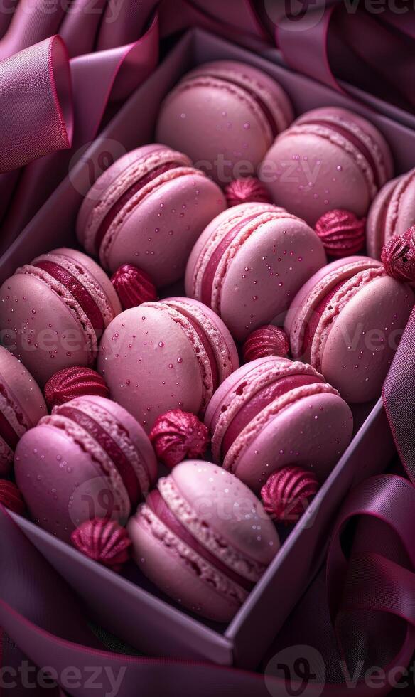 AI generated Macaroons in gift box with ribbon photo