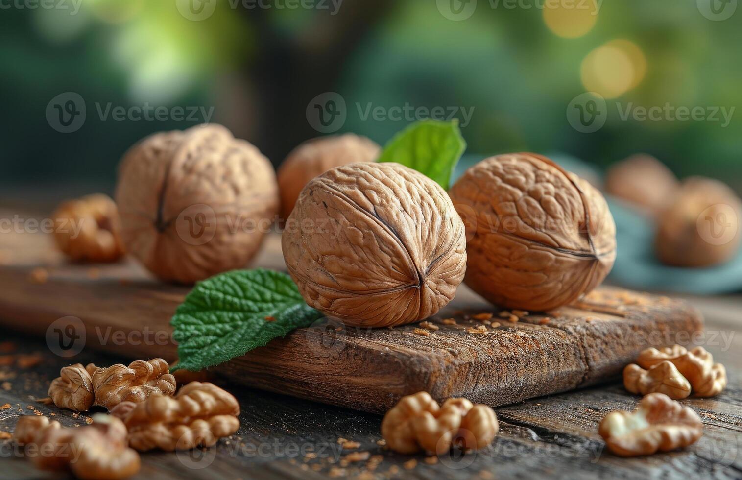 AI generated Walnuts on wooden table. Beautiful ripe nuts photo