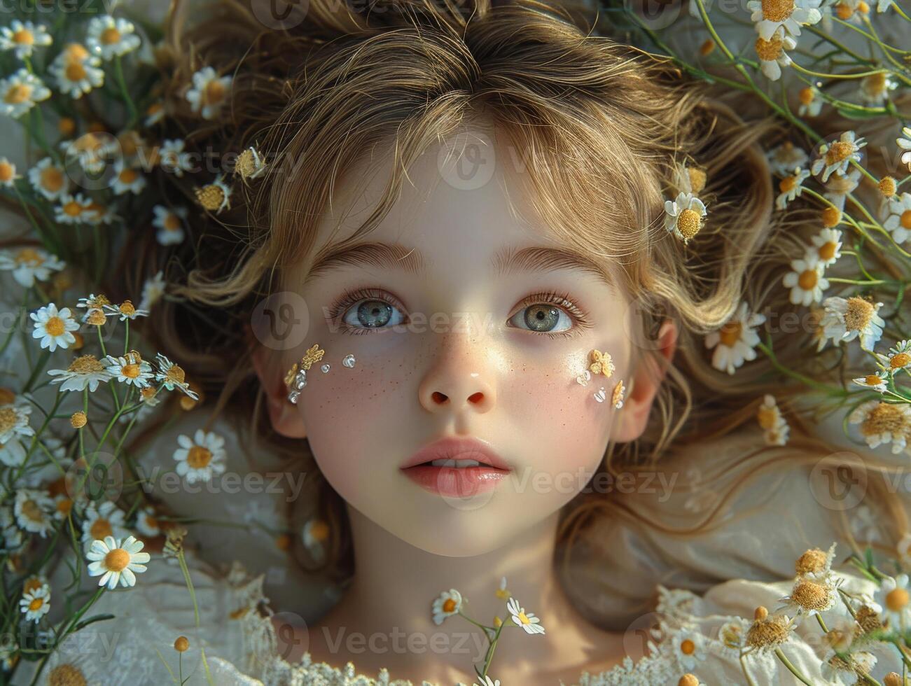 ai generado un pequeño niña acostado en cama con flores debajo su ojos mirando arriba a el estrellas foto
