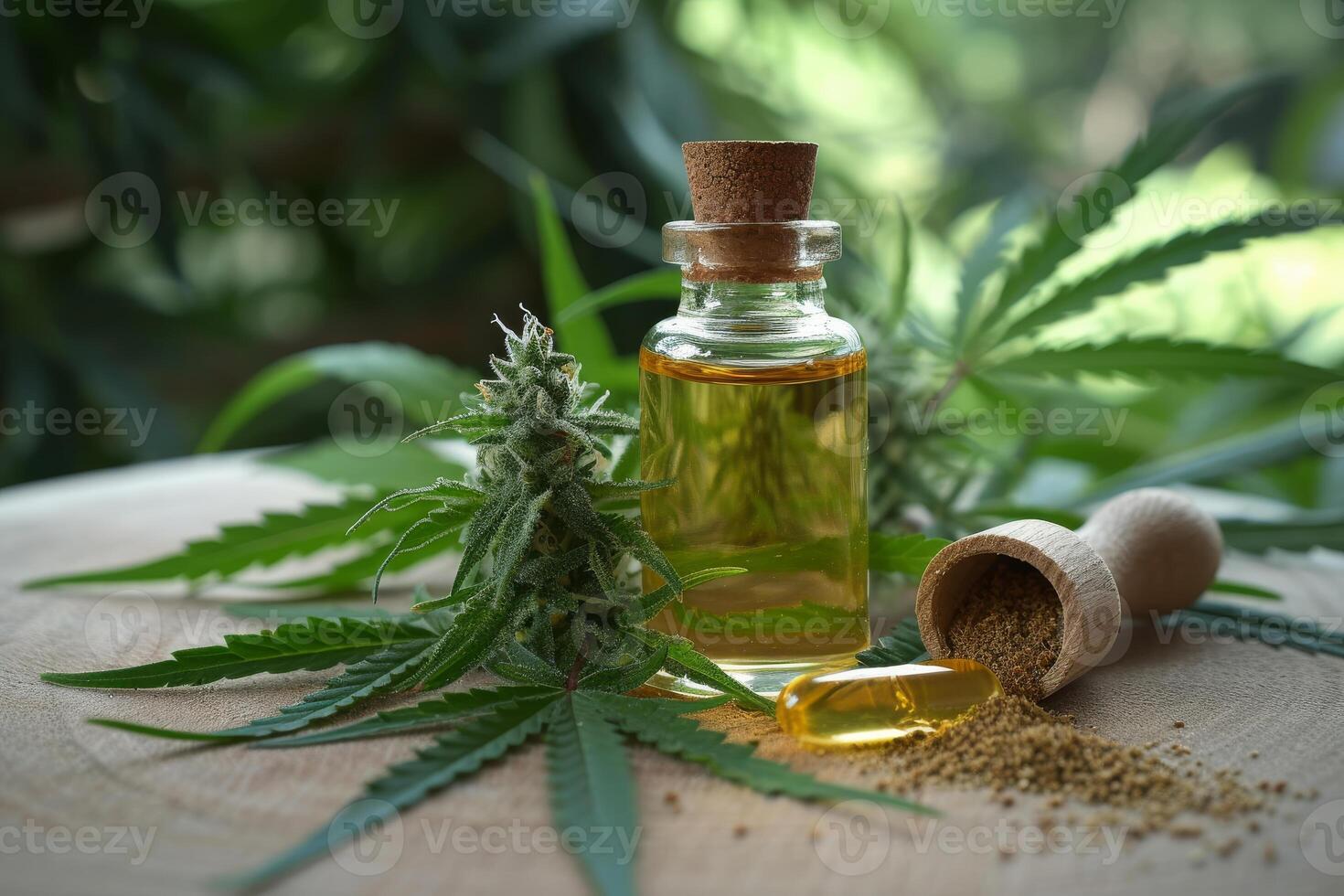 AI generated Bottle of hemp oil with cannabis leaf and hemp seed in the background photo