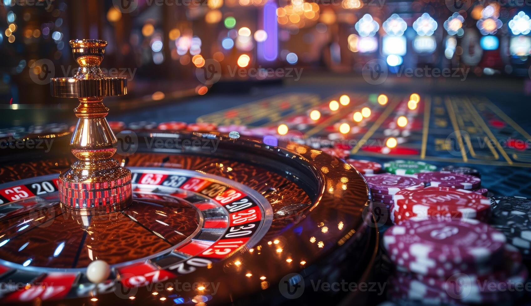 AI generated Roulette and piles of gambling chips on green table in casino photo