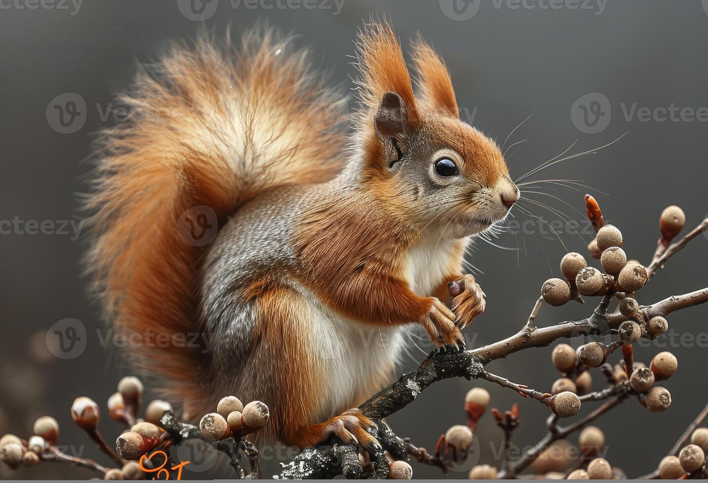 AI generated a red squirrel is sitting on top of branch photo