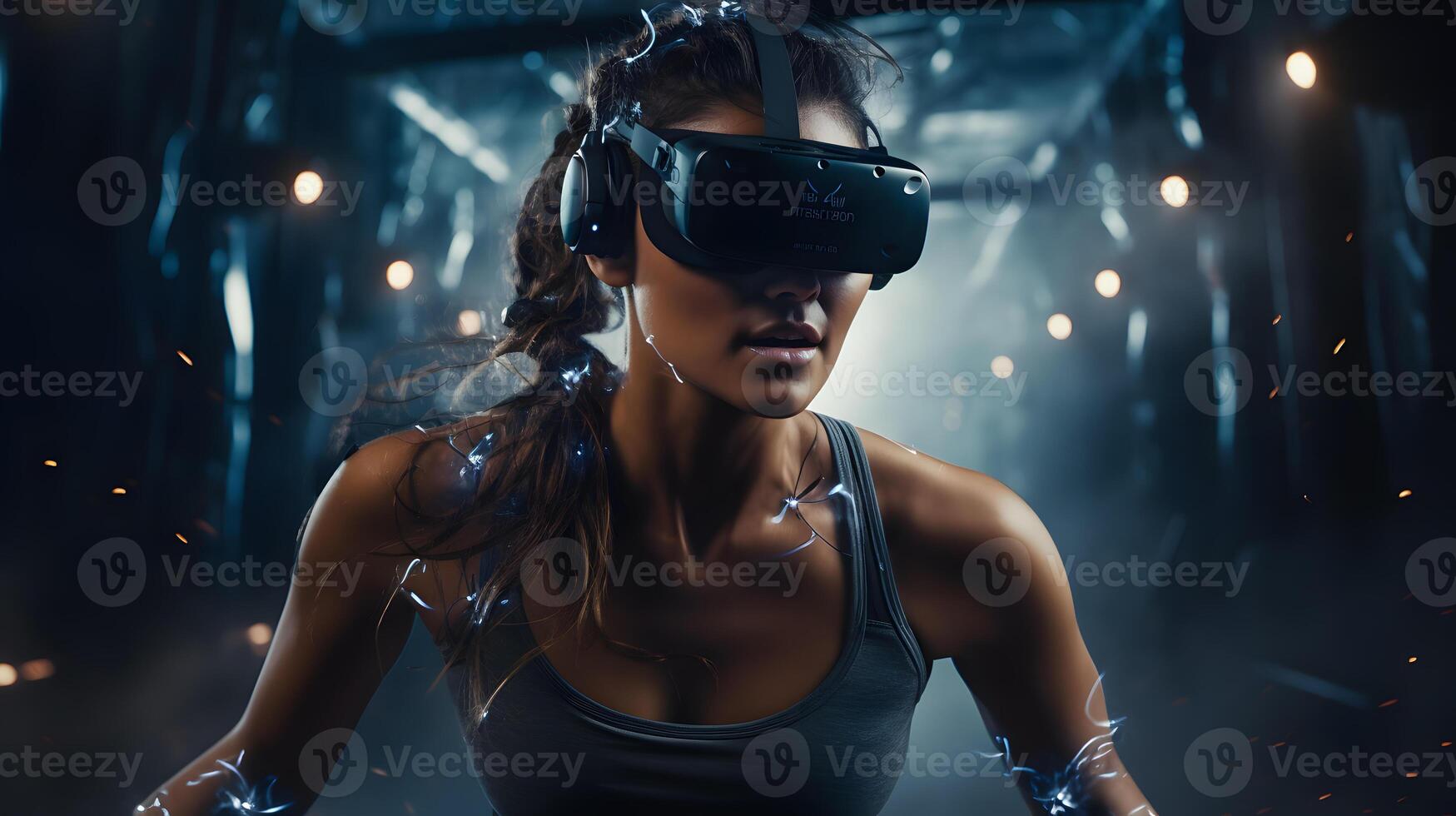 AI generated a beautiful woman engaged in a virtual workout with the fusion of technology and fitness photo