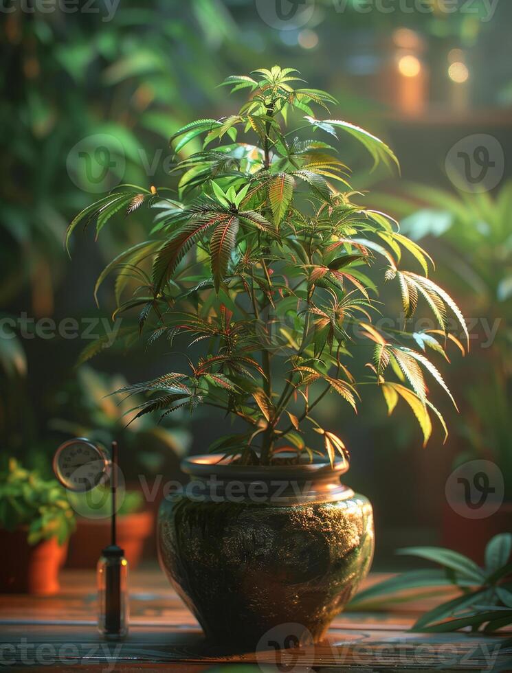 AI generated Small tree in pot in room with sunlight. Indoor Marijuana plant in flowerpot. photo
