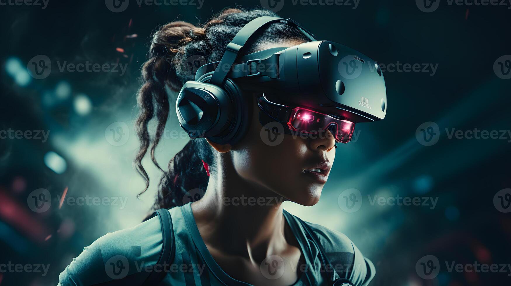 AI generated a beautiful woman engaged in a virtual workout with the fusion of technology and fitness photo
