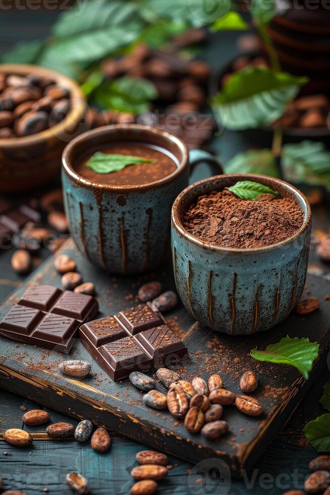 AI generated Hot chocolate with mint cocoa powder and assorted chocolates on wooden background photo