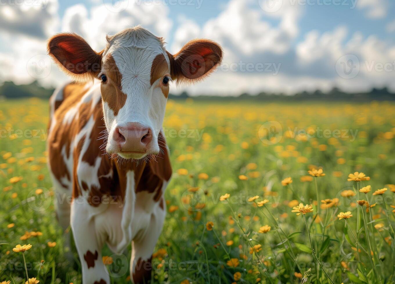 AI generated Cute calf on the floral meadow photo