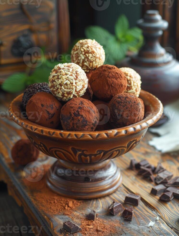 AI generated Homemade chocolate truffles in vintage bowl on wooden table photo